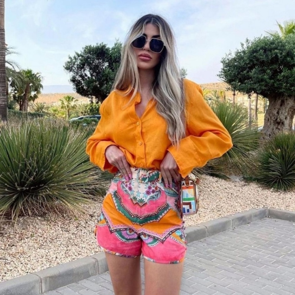 ZARA Linen Cotton High Rise Belted Shorts Vibrant Boho Scarf Print Summer XS